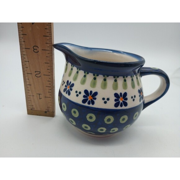 3” Boleslawiec Polish Pottery Small Creamer Pitcher Hand Made Poland Blue Green - Picture 7 of 7